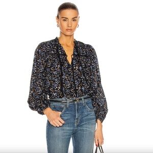 Ulla Johnson Jeanne peasant top tie front long sleeves Midnight print cotton